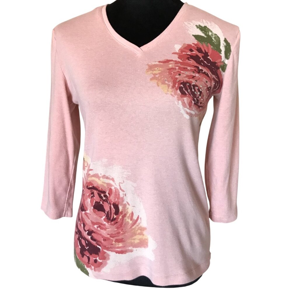 Nicole Miller V-Neck Shirt, Pink Burgundy Floral Rhinestones Balletcore Size S